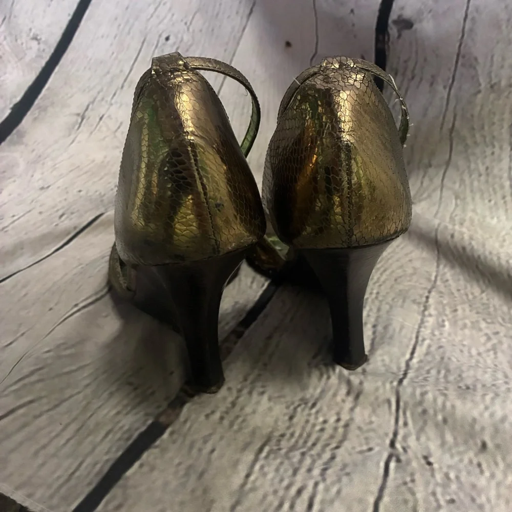 Y2K VTG Steve Madden Throb‎ Metallic Bronze Snake Print Wavy Wedges Sz 7.5 AS IS